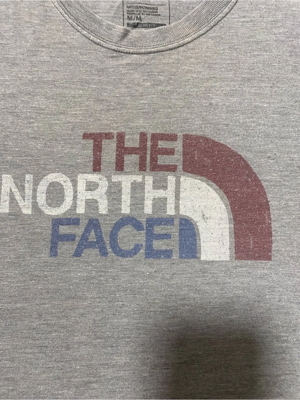 The North Face Men's Gray Logo Short-Sleeve Tee with Maroon and Blue Accents